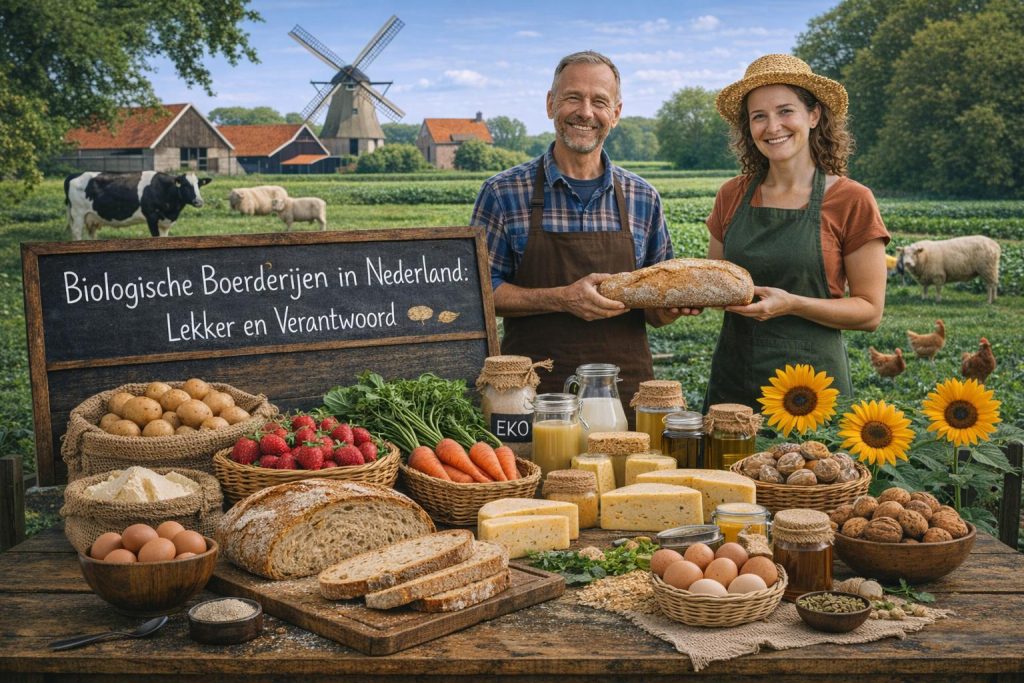 Biologische boerderijen in Nederland met biologische producten zoals brood, kaas, groente, eieren en honing in een landelijk en groen boerderijschap.