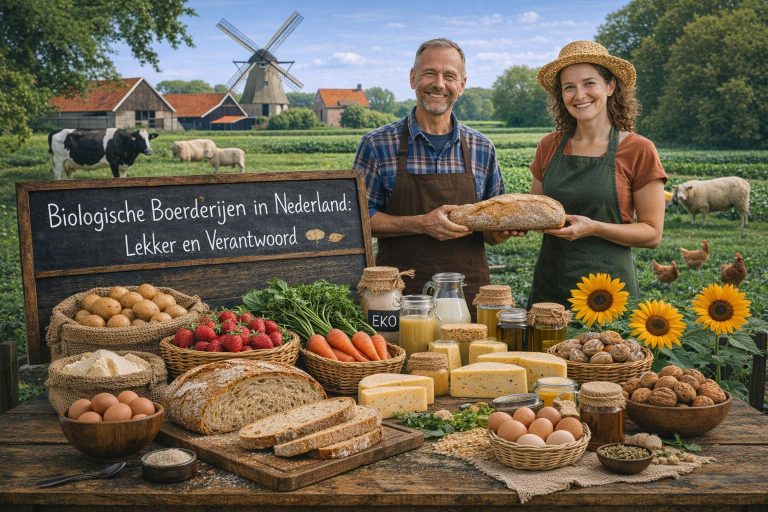 Biologische boerderijen in Nederland met biologische producten zoals brood, kaas, groente, eieren en honing in een landelijk en groen boerderijschap.