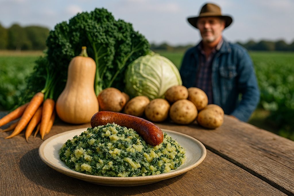 Boerenstamppot met aardappelen en groene bladgroenten, geserveerd met een rookworst op een houten tafel, met verse groenten van het land op de achtergrond