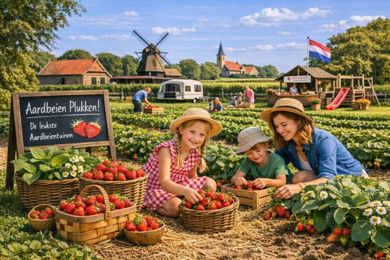 Aardbeien plukken in een zelfpluktuin met aardbeienplanten, manden vol aardbeien en bezoekers op een Nederlandse aardbeientuin.