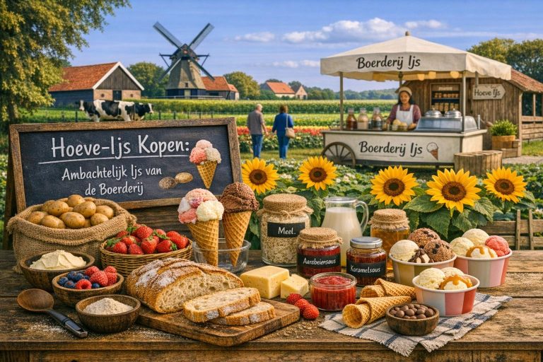 Hoeve‑ijs kopen bij de boerderij met ambachtelijk ijs, ijshoorntjes en lokale ingrediënten in een landelijk Nederlands landschap.