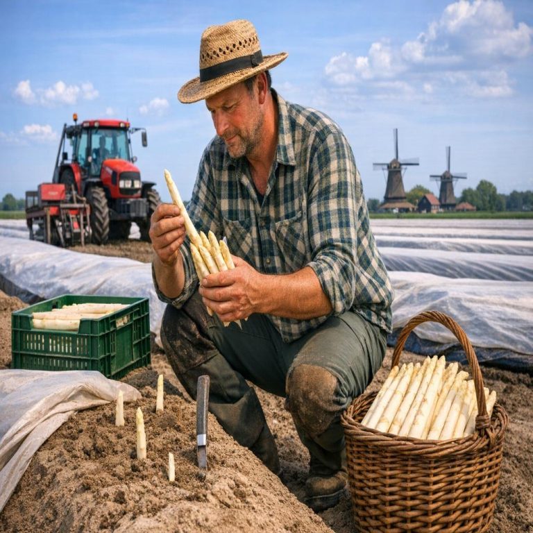 Aspergeteler oogst witte asperges op een akker, met aspergebedden, een mand vol asperges en landbouwmachines in een open polderlandschap.