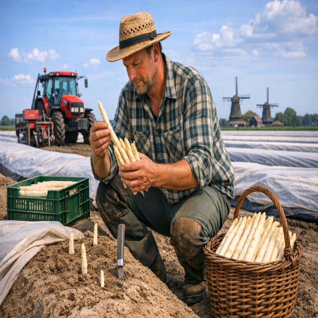 Aspergeteler oogst witte asperges op een akker, met aspergebedden, een mand vol asperges en landbouwmachines in een open polderlandschap.