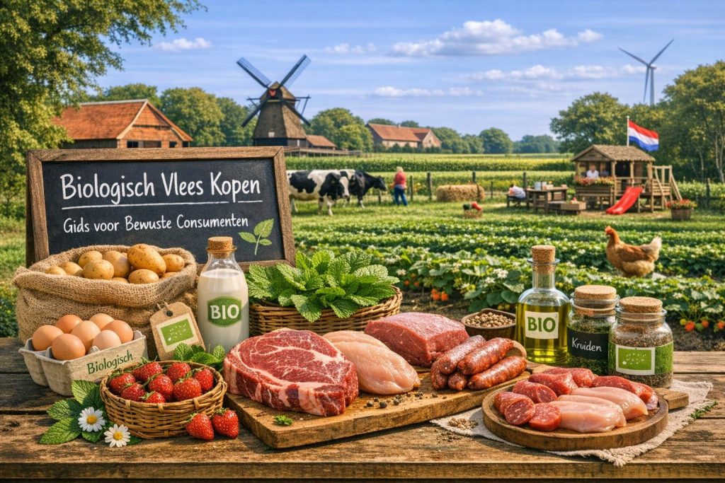 Biologisch vlees kopen bij een boerderijwinkel met duurzaam geproduceerd rund‑, varkens‑ en kippenvlees op het Nederlandse platteland.