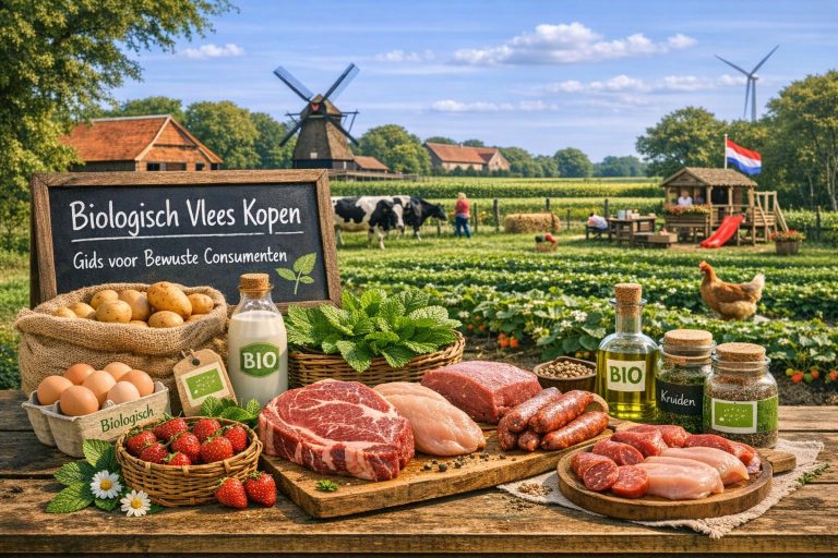Biologisch vlees kopen bij een boerderijwinkel met duurzaam geproduceerd rund‑, varkens‑ en kippenvlees op het Nederlandse platteland.