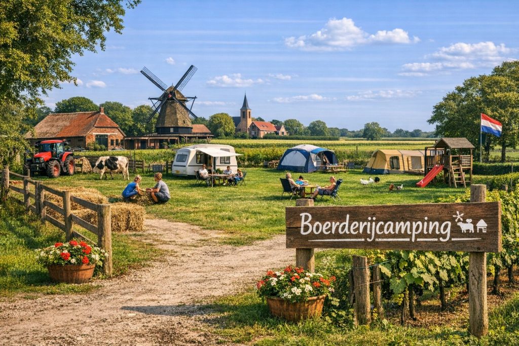 Boerderijcamping in Nederland met kampeerplaatsen, tenten en caravans op het platteland bij een boerderij en molen.