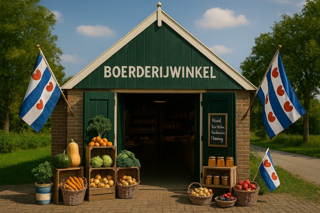 Boerderijwinkel met groene houten gevel en het opschrift ‘Boerderijwinkel’, versierd met Friese vlaggen en uitgestald met verse groenten, aardappelen en potten streekproducten voor de ingang, in een landelijke omgeving