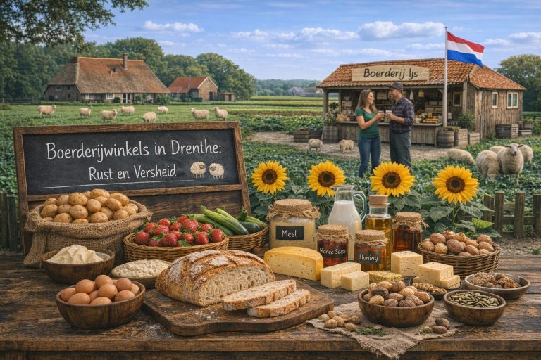 Boerderijwinkels in Drenthe met verse streekproducten zoals brood, kaas, eieren en honing in een rustig, groen Drents landschap.