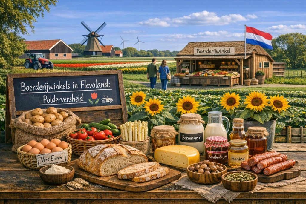 Boerderijwinkels in Flevoland met polderverse producten zoals aardappelen, groente, brood, kaas en boerderijzuivel in een open polderlandschap.