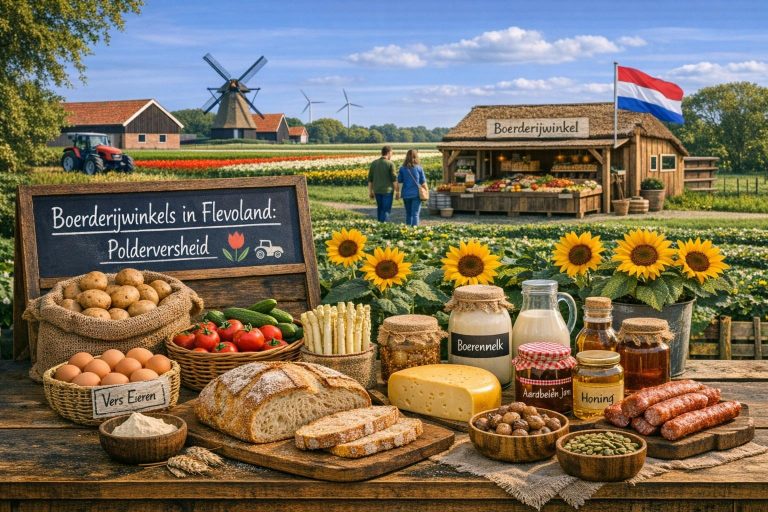 Boerderijwinkels in Flevoland met polderverse producten zoals aardappelen, groente, brood, kaas en boerderijzuivel in een open polderlandschap.