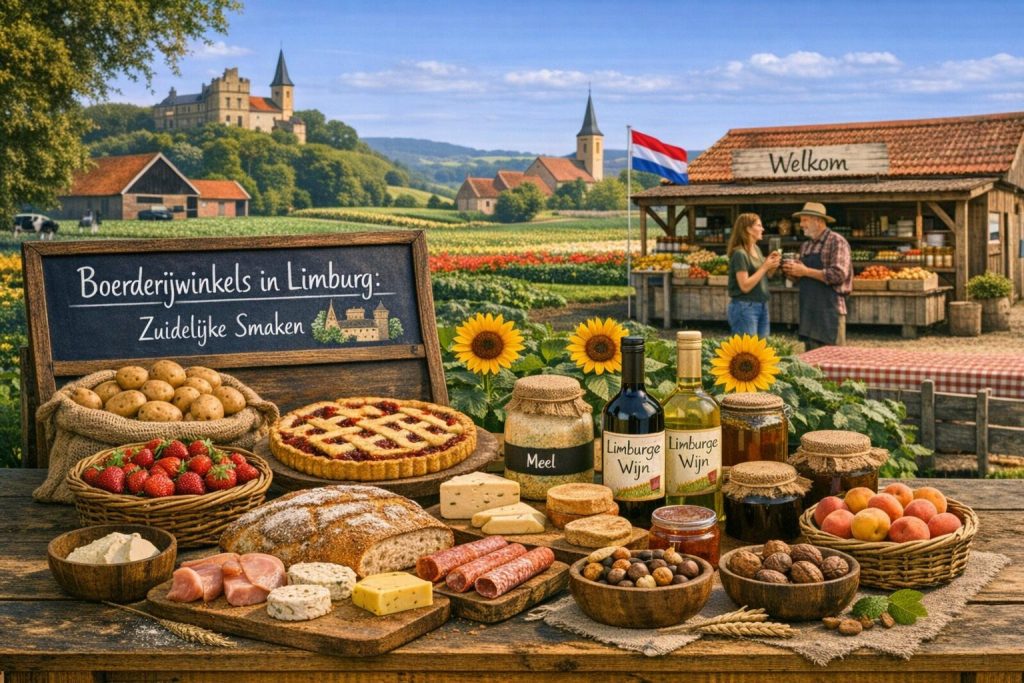 Boerderijwinkels in Limburg met zuidelijke smaken zoals streekkaas, brood, Limburgse vlaai, wijn en lokale producten in een heuvelachtig landschap.