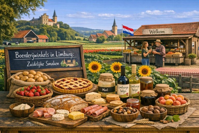 Boerderijwinkels in Limburg met zuidelijke smaken zoals streekkaas, brood, Limburgse vlaai, wijn en lokale producten in een heuvelachtig landschap.