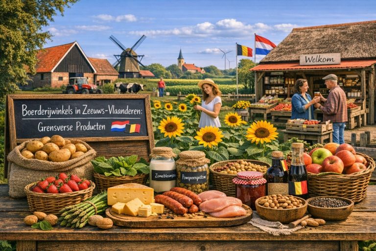 Boerderijwinkel in Zeeuws‑Vlaanderen met verse streekproducten zoals groente, fruit, kaas en vlees in een landelijke grensregio.