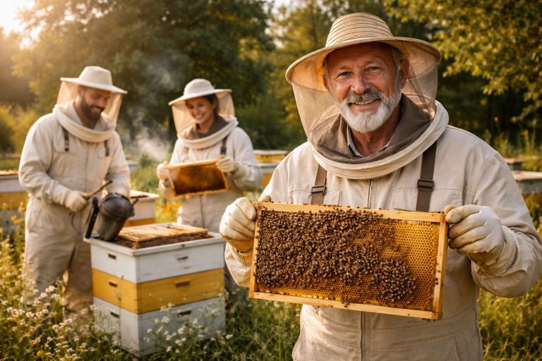 Een ervaren imker houdt een honingraat vol bijen vast in een zonnige bijenstal, terwijl twee andere imkers op de achtergrond bezig zijn bij de bijenkorven tussen bloeiende planten