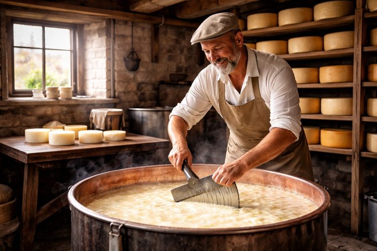Een ambachtelijke kaasmaker roert in een grote koperen kuip met wrongel in een rustieke kaasmakerij, omringd door houten planken met rijpende kazen en warm daglicht dat door een raam naar binnen valt.