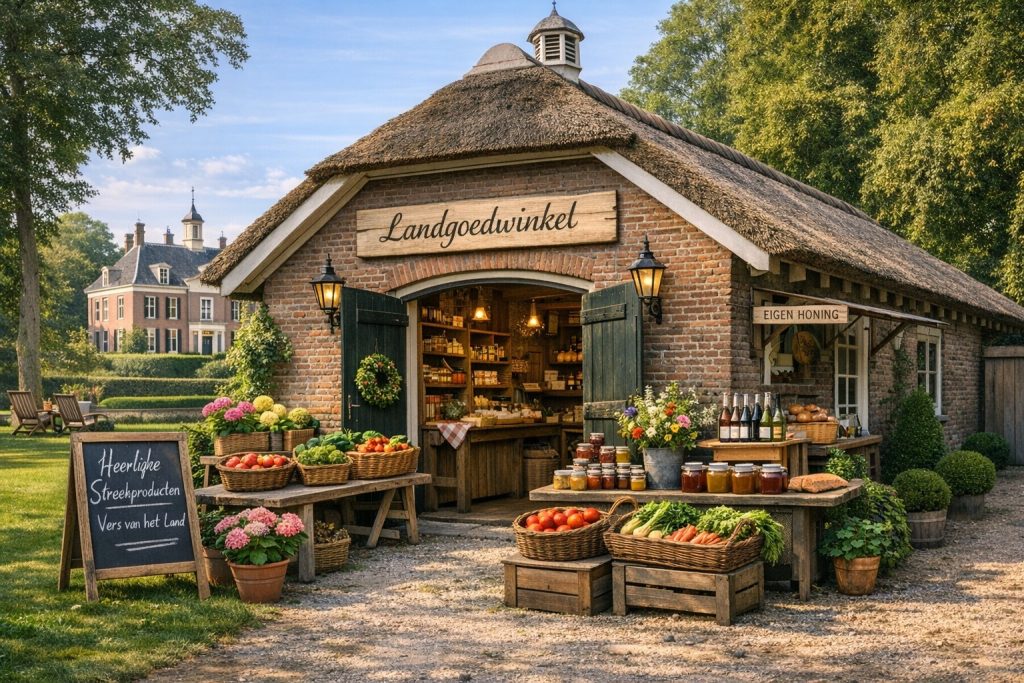 Landgoedwinkel met verse streekproducten zoals groente, honing en jam, gevestigd op een groen landgoed en ingericht met lokale producten van eigen bodem.