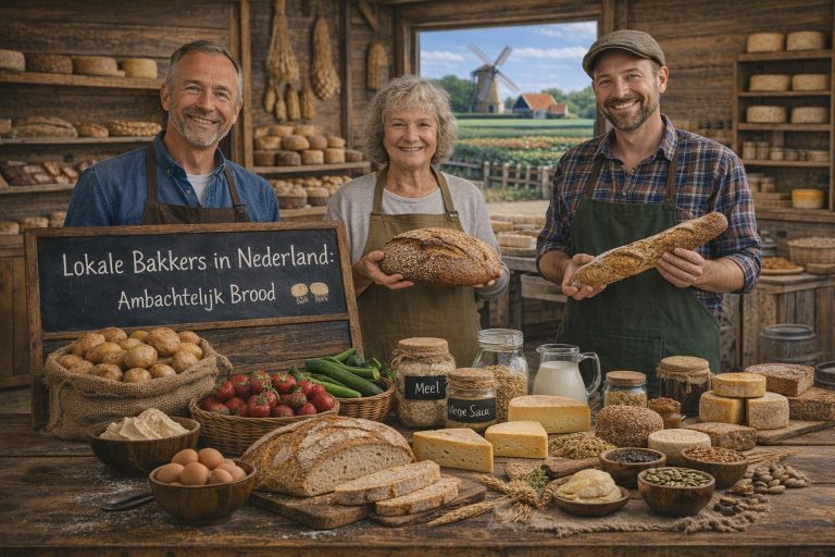 Lokale bakkers in Nederland met ambachtelijk brood, waaronder zuurdesem en volkoren broden, gepresenteerd in een traditionele bakkerijomgeving.