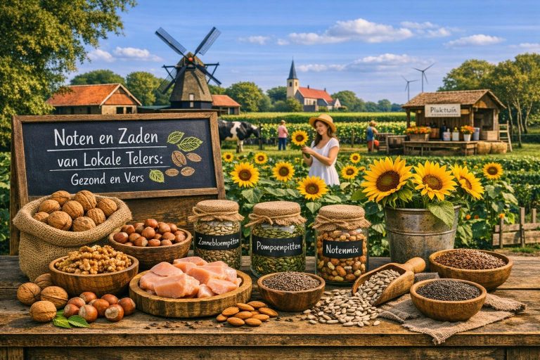 Noten en zaden van lokale telers, gepresenteerd in houten schalen en glazen potten op een boerderijplek in een landelijke Nederlandse omgeving.