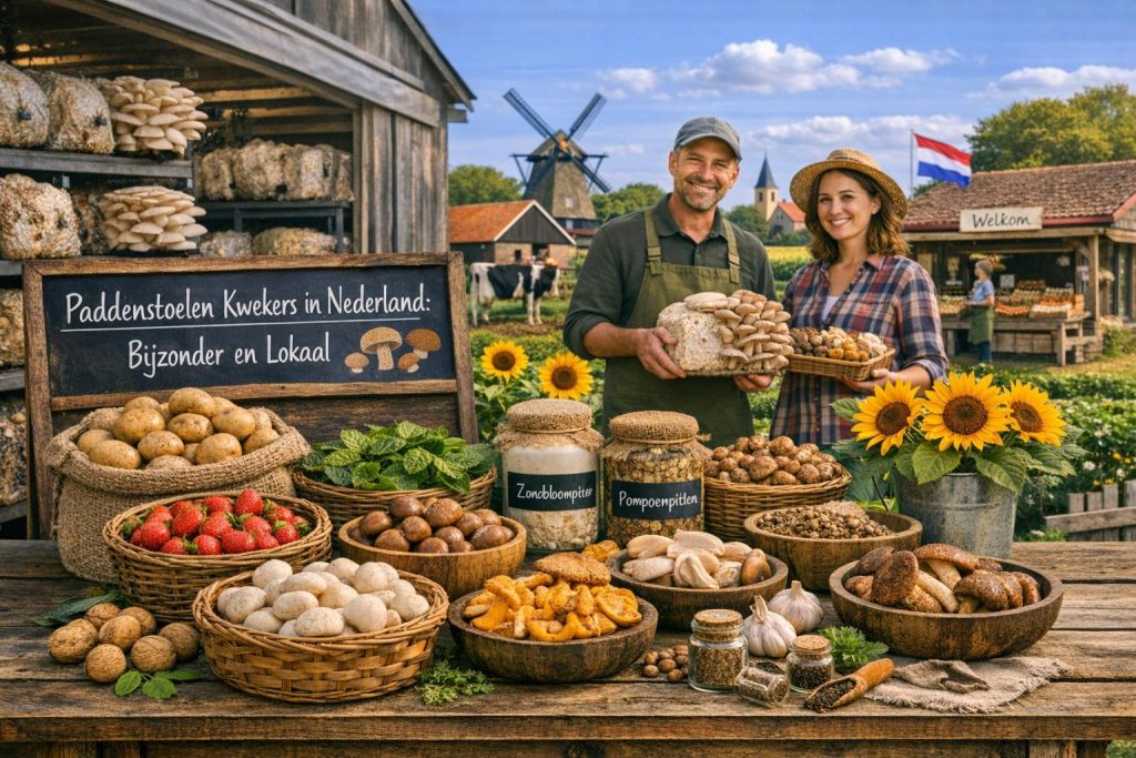 Paddenstoelen van Nederlandse kwekers, waaronder champignons en oesterzwammen, vers gepresenteerd in een landelijke boerderijomgeving.