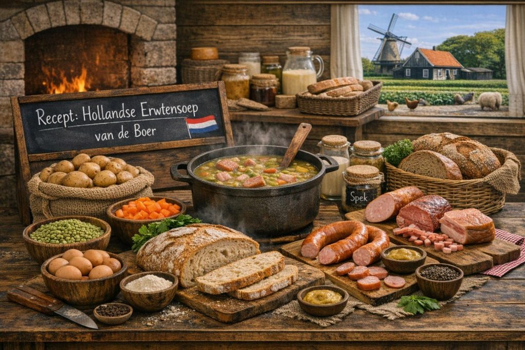 Hollandse erwtensoep van de boer in een pan op het fornuis, omringd door lokale ingrediënten zoals spliterwten, aardappelen, rookworst en boerenbrood.