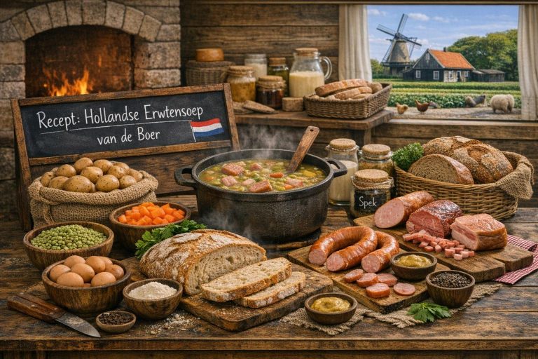 Hollandse erwtensoep van de boer in een pan op het fornuis, omringd door lokale ingrediënten zoals spliterwten, aardappelen, rookworst en boerenbrood.