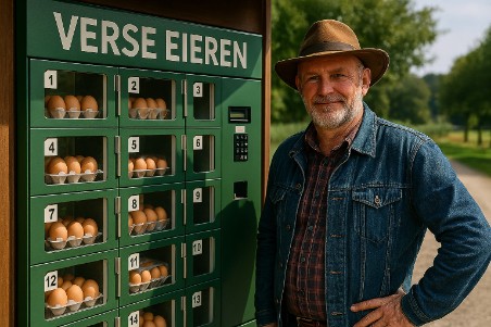 Boer staat naast een groene eierautomaat met vakjes vol verse eieren, langs een landelijke weg met bomen en weilanden op de achtergrond