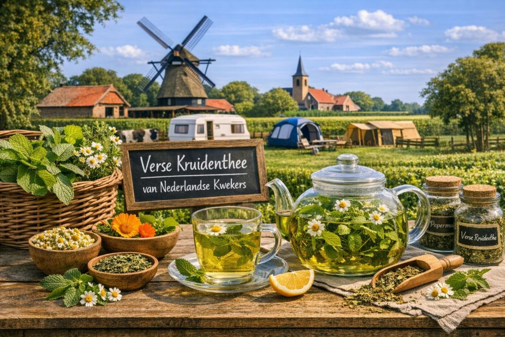 Verse kruidenthee van Nederlandse kwekers met groene kruiden, kamillebloemen en thee in een glazen theepot op het platteland.