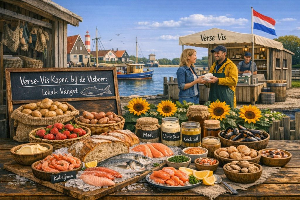 Verse vis kopen bij de visboer met lokale vangst zoals kabeljauw, zalm en mosselen, gepresenteerd aan de haven in een Nederlands kustdorp.