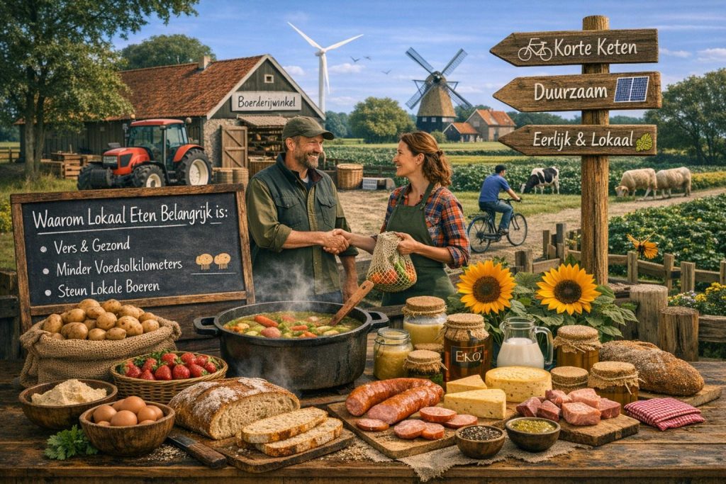 Waarom lokaal eten belangrijk is: lokale boeren en consumenten bij een boerderijwinkel met verse streekproducten, korte keten en duurzaam plattelandslandschap.