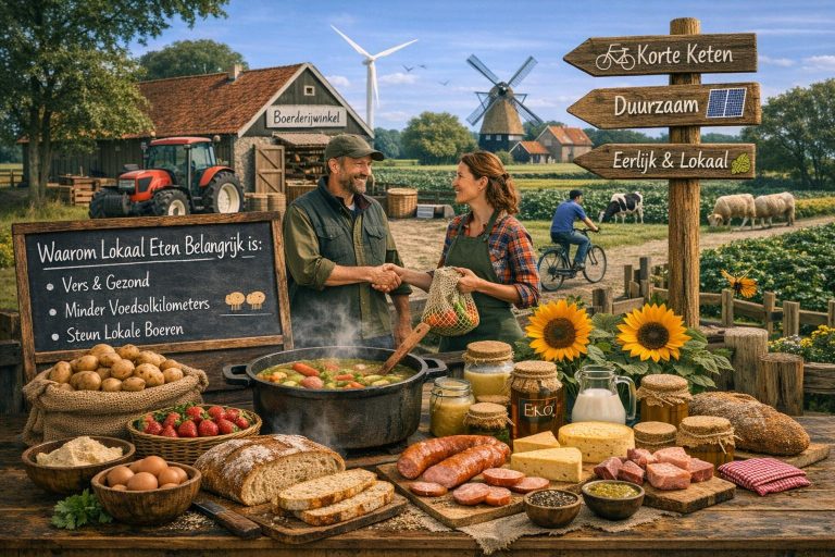 Waarom lokaal eten belangrijk is: lokale boeren en consumenten bij een boerderijwinkel met verse streekproducten, korte keten en duurzaam plattelandslandschap.