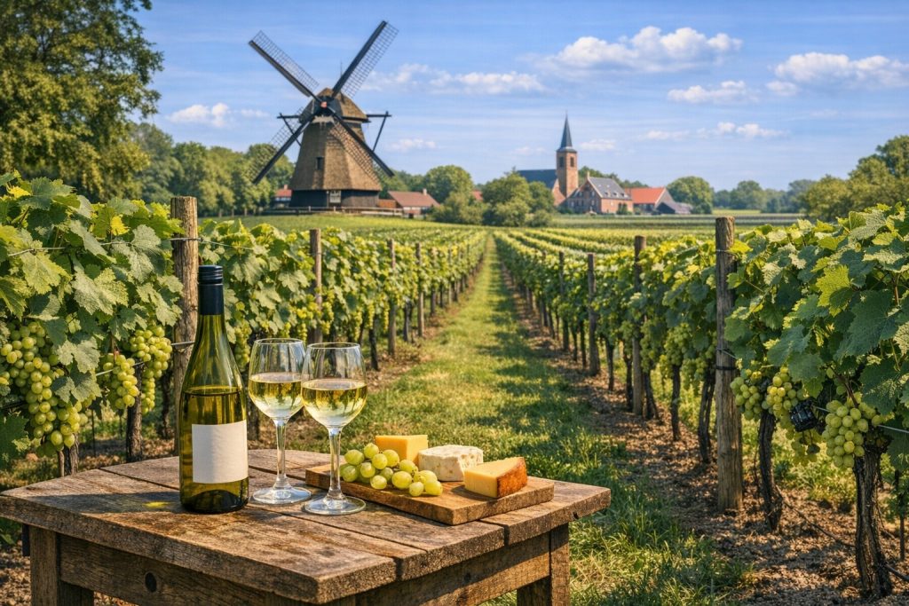 Nederlandse wijnboeren in een wijngaard met druivenranken, wijnflessen en glazen, tegen een typisch Nederlands landschap met molen.