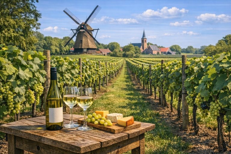 Nederlandse wijnboeren in een wijngaard met druivenranken, wijnflessen en glazen, tegen een typisch Nederlands landschap met molen.