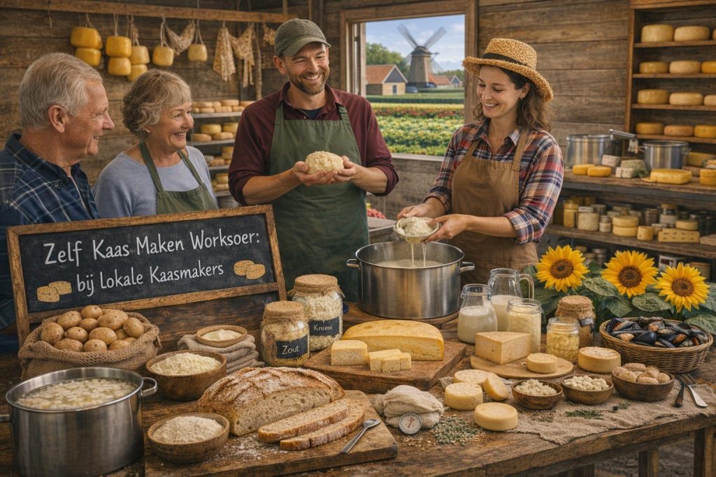 Zelf kaas maken workshop bij lokale kaasmakers, met deelnemers die kaas bereiden in een ambachtelijke kaasmakerij op het platteland.