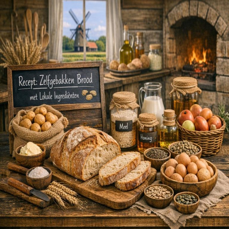 Zelfgebakken brood met lokale ingrediënten zoals meel, eieren, honing en zaden, gepresenteerd op een houten tafel in een landelijke keuken.