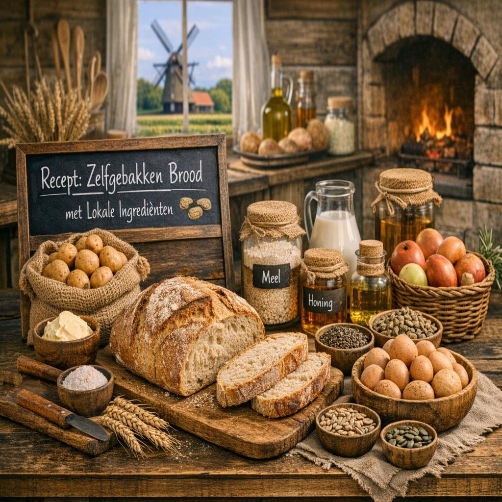 Zelfgebakken brood met lokale ingrediënten zoals meel, eieren, honing en zaden, gepresenteerd op een houten tafel in een landelijke keuken.