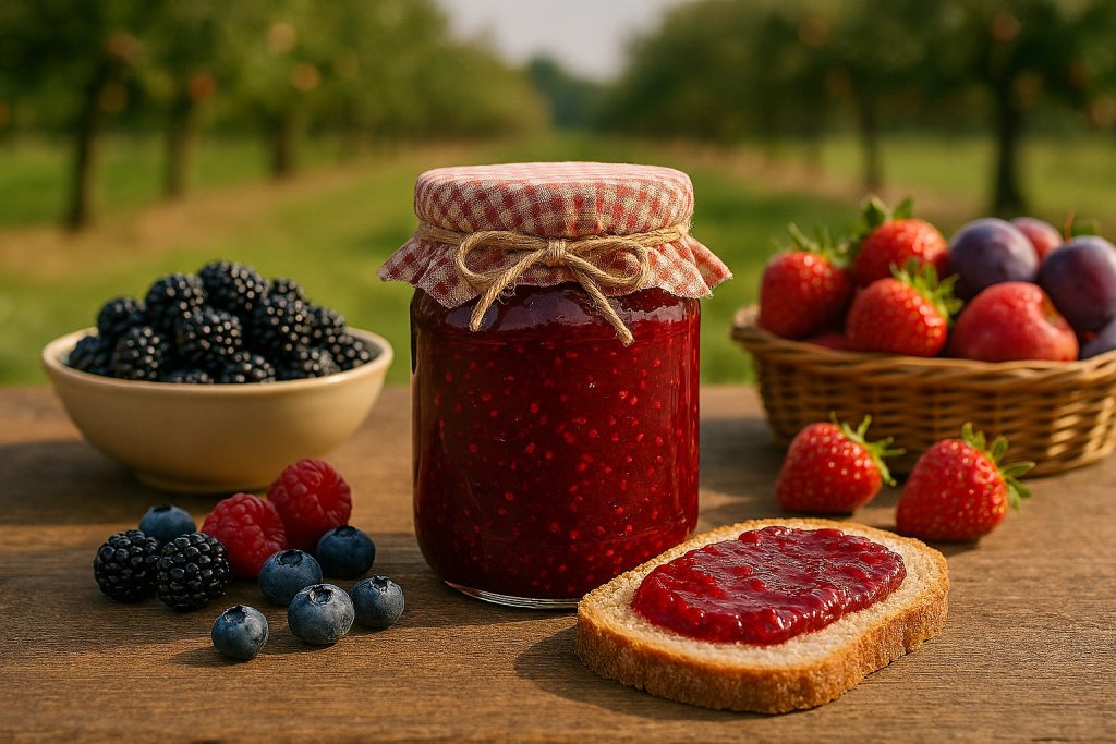 Glazen pot met zelfgemaakte rode jam op een houten tafel, omringd door vers lokaal fruit zoals aardbeien, bramen, blauwe bessen en pruimen, met een boomgaard op de achtergrond.