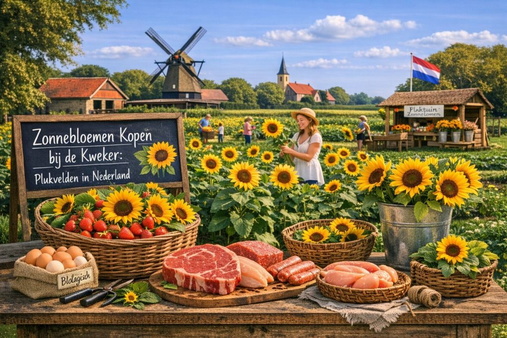 Zonnebloemen plukken in een Nederlands plukveld bij de kweker, met bloeiende zonnebloemen, bezoekers en een landelijk landschap.