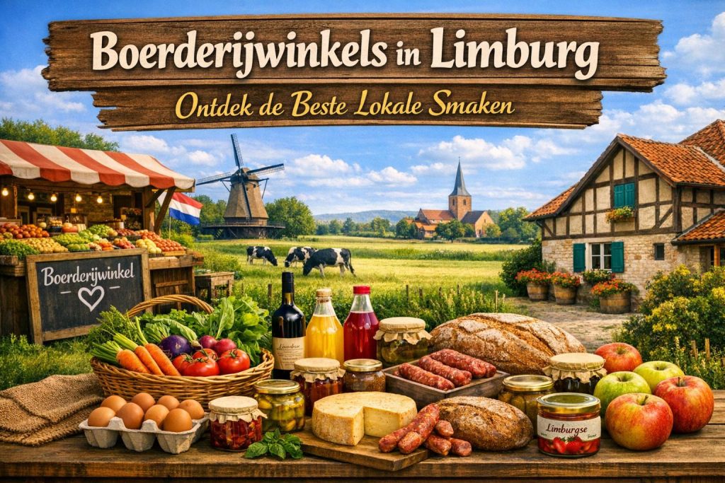 Boerderijwinkels in Limburg met lokale streekproducten zoals kaas, brood, groente en fruit in een landelijke omgeving.