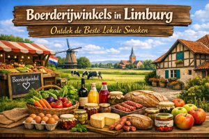 Boerderijwinkels in Limburg met lokale streekproducten zoals kaas, brood, groente en fruit in een landelijke omgeving.