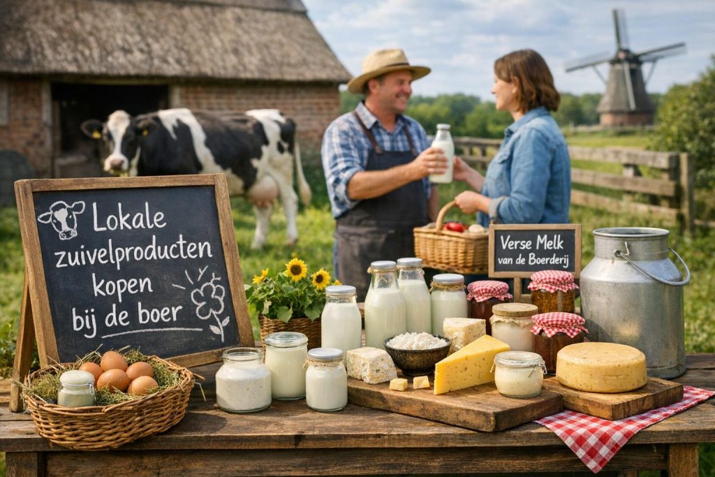 Lokale zuivelproducten kopen bij de boer, met verse melk, kaas en yoghurt op een boerenerf met koeien op de achtergrond.