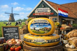Boerderijwinkel in de Beemster met Noord-Hollandse kaas, kazen op tafel, koeien in de wei en een molen in het polderlandschap.