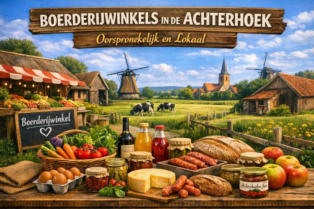 Boerderijwinkels in de Achterhoek met lokale streekproducten zoals kaas, brood, eieren en groente in een landelijk landschap in Gelderland.