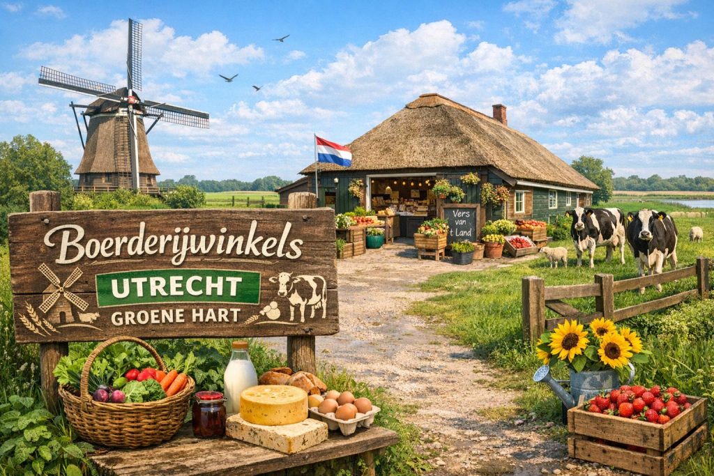 Boerderijwinkel in het Groene Hart bij Utrecht met verse streekproducten, koeien in de wei en een traditionele windmolen op de achtergrond.