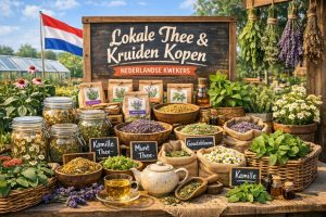 Lokale thee kruiden van Nederlandse kwekers, vers gedroogde kamille, munt en goudsbloem bij een kruidenkwekerij.