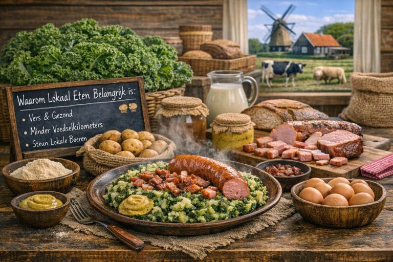 Stamppot boerenkool met spek van de boer, geserveerd met rookworst, aardappelen en mosterd op een rustieke boerderijtafel.