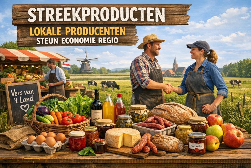 treekproducten van lokale producenten op een boerderijmarkt, met verse groenten, kaas, brood en samenwerking op het platteland.