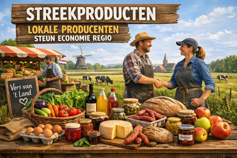 treekproducten van lokale producenten op een boerderijmarkt, met verse groenten, kaas, brood en samenwerking op het platteland.